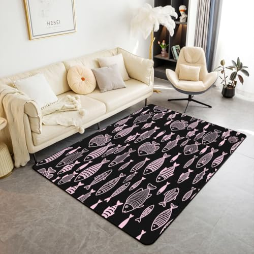 Homewish Niedlicher Fisch Schlafzimmer Teppich 150x200 Cartoon Kawaii Teppiche für Kinder Jugendliche Rosa Schwarz Rugs for Living Room Fisch Design Carpet Stilvoll Kinderteppich