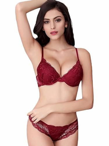 Bluewhalebaby Sexy Push Up Bras Set Transparent Underwear Lingerie Lace Bra & Matching Knicker for Women Wine Red UK Size 32A = Asian Tag Size 34A