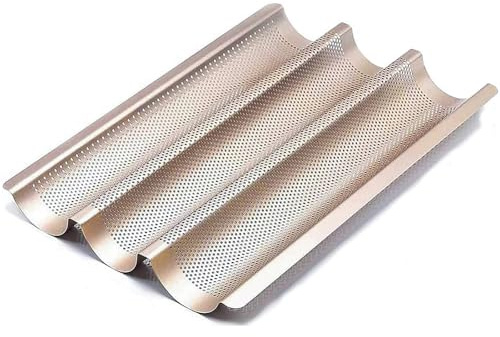 AMAGABELI GARDEN & HOME Nonstick French Baguette Pans For Baking 15x11 Carbon Steel 3 Loaf Perforated Bread Tray Bake Mold Toast Cooking Oven Toaster Pan Cloche Waves Bakeware Golden