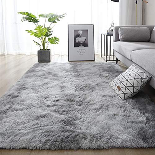 Leesentec Teppiche Weiche Schlafzimmerteppiche Anti-Rutsch-Flauschiger Wohnzimmerteppich Zottelige Fußmatten Groß für Schlafzimmer (120 * 160cm, Grau weiß)