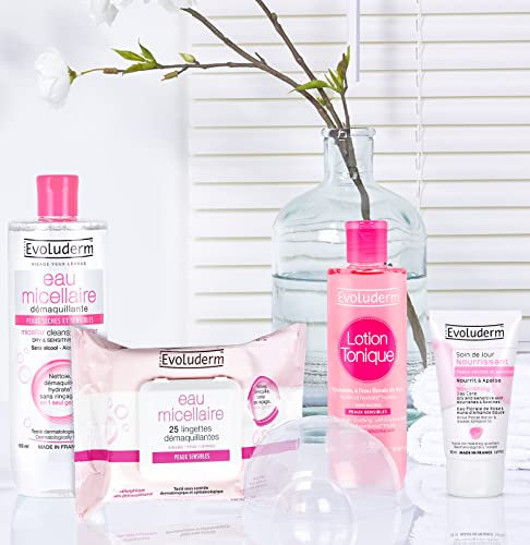 EVOLUDERM - Routine Cocooning Peaux Sensibles - 25 Lingettes Démaquillantes + 1 Eau Micellaire Démaquillante 500 ml + 1 Lotion Tonique Apaisante 250 ml + 1 Soin de Jour Nourrissant 50 ml - Végan