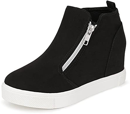 CCVON Scarpe da ginnastica con zeppa per bambine, stivali alti con plateau, per bambini piccoli e grandi, Nero, 2 Big Kid