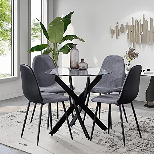 GOLDFAN Esstisch mit 4 Stühlen Esstisch Rund Glas Küchentisch Glas Tisch Esszimmerstuhl aus Samt, 80cm, Grau