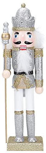 Amosfun Christmas Wood Soldier Nutcracker Ornament Glitter Collectible Nutcracker Figures Toy Traditional Royal Jacket Crown Xmas Table Puppet Doll for Holiday Home Decor Silver
