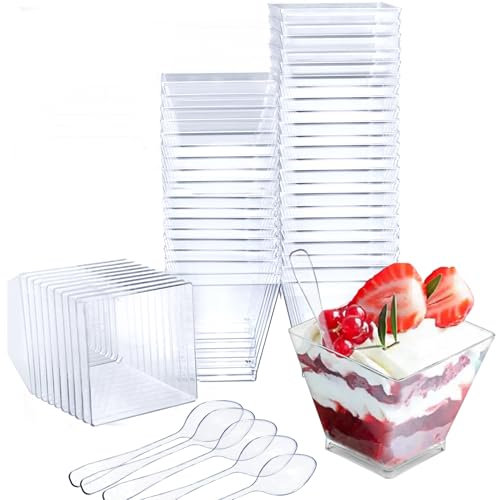 Wieat Mini Dessert Cups, 50 Pcs 2oz/60ml Plastic Dessert Cups, Trapezoid Clear Small Dessert Pots, Reusable Serving Bowl for Dessert Pudding Cheesecake Mousse Ice Cream Candy Party