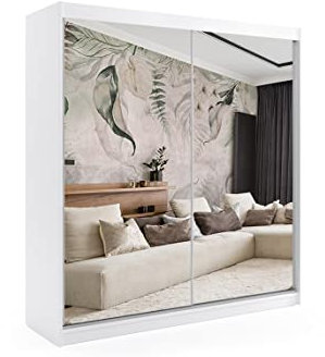 ALTDECOR Kleiderschrank mit Spiegel und Schiebetüren, kugelgelagerte Führungsschienen und Aluminium-Leisten, LED-Beleuchtung (weiß + 16 Farben) und Fernbedienung - DEBI - 200 cm Weiß