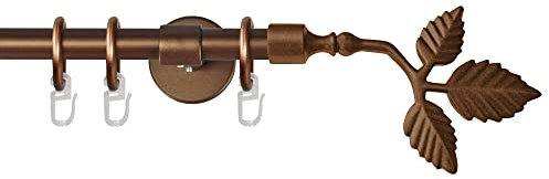 Garesa Gardinenstange Rustika Ø 16mm, 1-läufig, Bronze I Rustikale Vorhangstange aus Metall inkl. Ringe + Faltenlegehaken I Mit Endknopf Blatt I 120cm