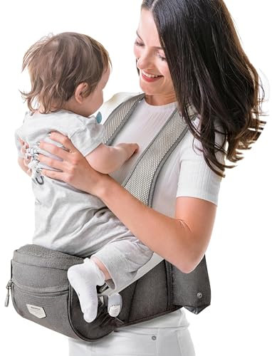 Sunveno Baby Hüftsitzträger, ergonomischer atmungsaktiver Babyträger, Doppel-Schulterträger für Babys, Kleinkinder, Grau