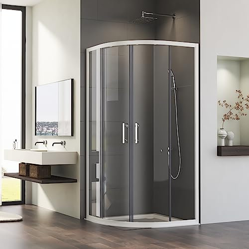 Eckeinstieg Duschkabine Rund Schiebetür 90x90cm Schiebetüren, Weiß Runddusche Duschabtrennung Duschtür mit 6mm ESG Sicherheitsglas, Viertelkreis Halbkreis Dusche Radius 55cm, Duschwand Höhe 185cm