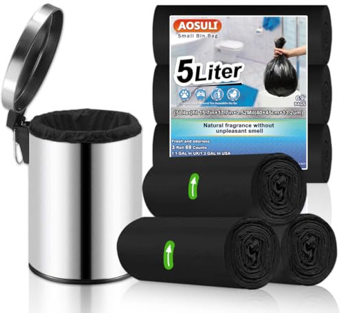 AOSULI Bolsas de basura pequeñas de 5 l, 69 unidades, color negro, para oficina, cuarto de baño, inodoro