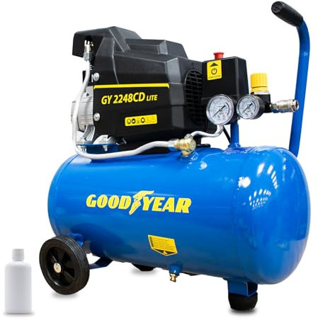Compresseur électrique Goodyear - 24 litres 2 CV Moteur à induction 230 V - 50 Hz. Compresseur 165 litres/minute Capacité d'aspiration. 2 800 tr/min. Pression nominale 8 bars. 97 dB