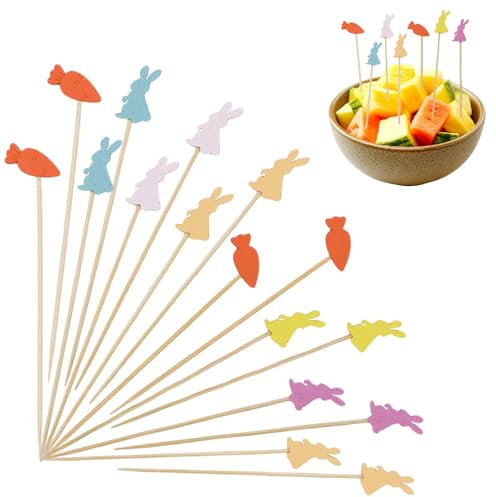 100 Stück Ostern Cocktailspieße,-12cm Ostern Hase und Karotte,Ostern Deko,Obstspieße Bambus Cocktail Picks Cocktail Sticks für Obst, Cocktail, Vorspeisen, Getränke Party Dekoration