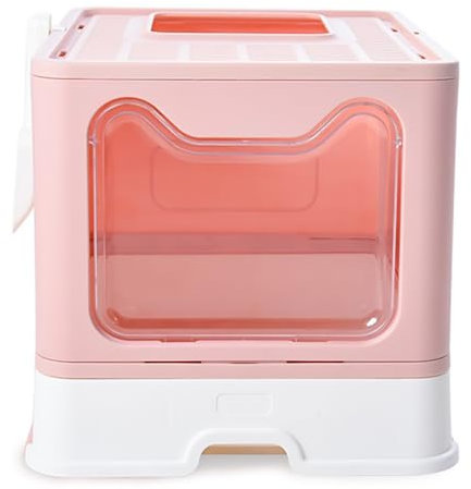 Bac à litière Pliable pour ChatEntrée Avant et Sortie supérieure,rès Grand Espace,Maison de Toilette pour Chats avec bacs Amovibles + Pelle à litière (51 * 41 * 38cm-Rose)