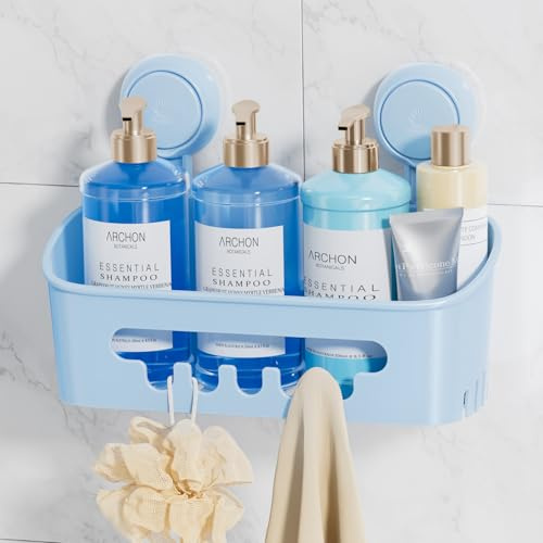 LEVERLOC Suction Shower Caddy Bathroom Basket Shelf Suction Shower Caddy Storage No Drilling Shampoo Holder Removable Powerful Bathroom for Shampoo Toiletries Kitchen Accessories,Blue
