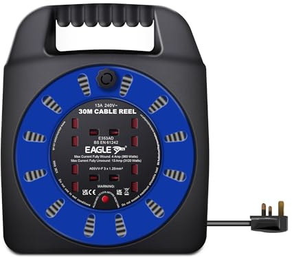 Eagle 4 x UK Socket Extension Reel with Handbag Type Holder, Restable Thermal Safety Cut Out Protection, Easy Hold Handle, Winding Handle, UK Plug. Extending Extension Lead 13 Amp 30m