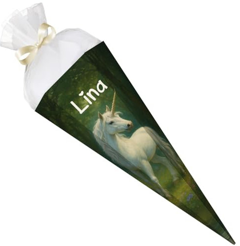 GRAVURZEILE - Bedruckte Schultüte - Einhorn Wald - Personalisiert mit Namen - Geschenk zur Einschulung - Sechseckige Zuckertüte für Jungen & Mädchen - 61 cm mit Tüll-Verschluss - Farbe: Einhorn Wald