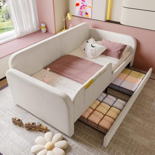 Merax Kinderbett Polsterbett Tagesbett, 90x200cm, Weiß mit Samtbezug, Metallrahmen, 2 Schubladen und 3 Aufbewahrungstaschen, Schlafsofa mit integriertem Stauraum für Kinderzimmer