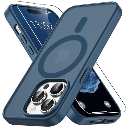 Vansdon Magnétique Coque pour iPhone 14 Pro avec 1 Verre Trempé | Bleu Foncé, Compatible avec MagSafe, Protection Contre Les Chutes de qualité Militaire, Coque Mat Translucide Fine Antichoc