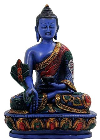 Heilung Lama – Medizin Buddha. Handgefertigt 14 cm hoch Multicolor Blau handbemalt Buddha Figur Skulptur Statue für Frieden und Entspannung.