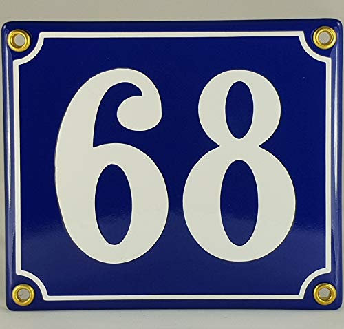 Hausnummer Emaille Schild Nr. 68 Blau-Weiß Handarbeit mit Schrauben und Dübel zur Montage