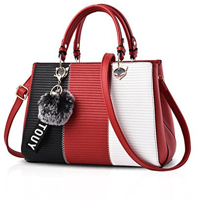NICOLE & DORIS 2025 Neue Frauen Tasche Damen Leder Handtasche Mode Umhängetasche Mit Pompon abnehmbarem Schultergurt Handtasche Weinrot