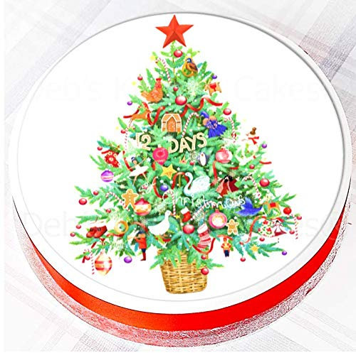 Christmas Cake Topper - 12 Days Of Christmas Tree - 7.5 Round - Icing or Wafer (Wafer)