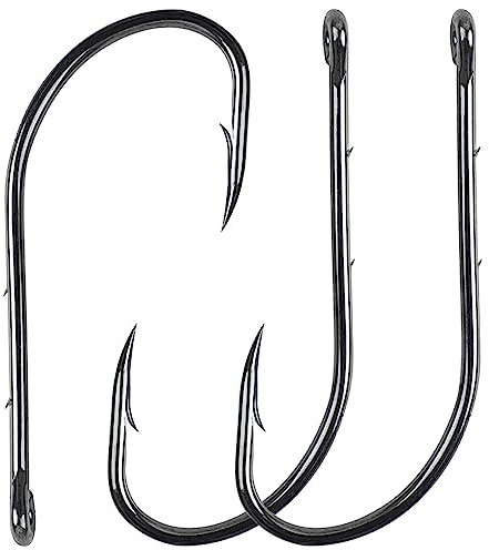 FUSIGO Angelhaken mit Widerhaken, 110 Stück, Schnabel, Offset, Jig-Fischhaken, langer Schaft mit 2 Widerhaken, schwarzer Karbonstahl für Süß- und Salzwasser (5/0)