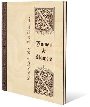 Stammbuch Gravur individuell Birkensperrholz Cover mit Echtleder Rücken und Extras DIN A4 (240 x 310 mm) - Siegelbrief