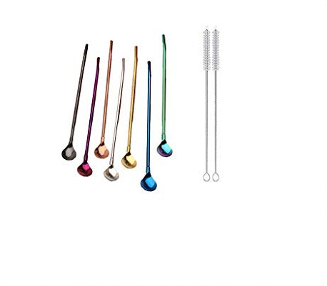 7PCS cuillère en métal pailles cuillères à boire avec 2 brosses de nettoyage 8,5 cuillère de bar réutilisable paille pour café glacé boisson glacée milkshake smoothies sundaes