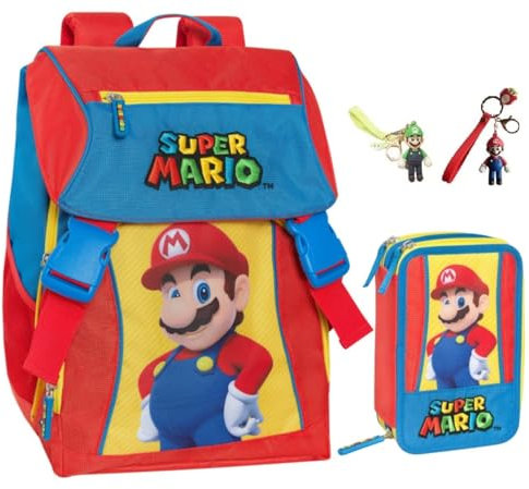 FCP Schulrucksack kompatibel mit Super Mario Kart ausziehbar + Federmäppchen 3 Fächer komplett + Schlüsselanhänger + Kugelschreiber mehrfarbig, mehrfarbig