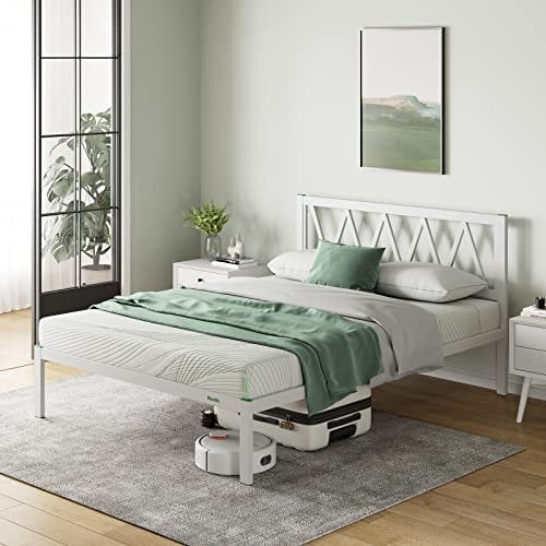Novilla Bettgestell Metallbett 140x200 cm mit Lattenrost Metallrahmenbett Bettgestell mit Kopfteil-Design Ehebett Gästebett Weiß
