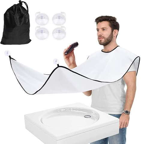 CHEDODU Bart Schürze für Bartgestaltung,Sammel Tuch für Haare-Bart,Bart Lätzchen für,mit 4 Saugnäpfen Bestes Geschenk für Freund/Ehemann/Vatertag/Jubiläum/Weihnachtsstrumpf Stuffers-(Weiß)