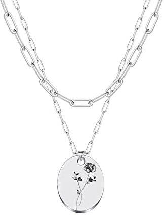 JJTZX Dainty Layered Birth Flower Necklace Oval Birth Month Flower Pendant Paperclip Chain Toggle Clasp Choker Necklaces for Women (April-Sweetpea)