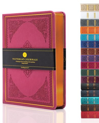VICTORIA'S JOURNALS Leatherette Vintage Journal Hard Cover Lined Notebook Old Looking Travel Diary (Pink, B6)