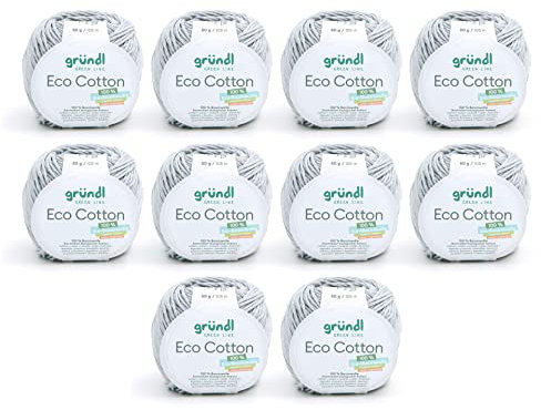 Gründl Wolle Eco Cotton - Wolle zum Häkeln - Wolle zum Stricken - Häkelgarn - Weich und hautfreundlich - 100% Bio-Baumwolle - 10 Knäuel 50 g / 105 m - Nadelstärke 3,5-4,5 - pastell grau