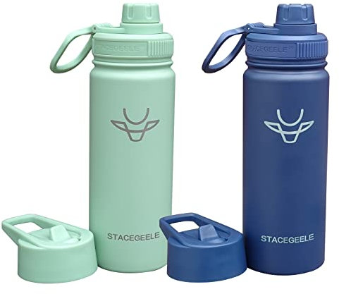 STACEGEELE Insulated Water Bottle with Spout Lid Straw Lid Stainless Steel Water Bottle for Kids Metal Drink Flask with BPA Free Leakproof Double Walled 18oz, 2 Pack (Green/Coalt)