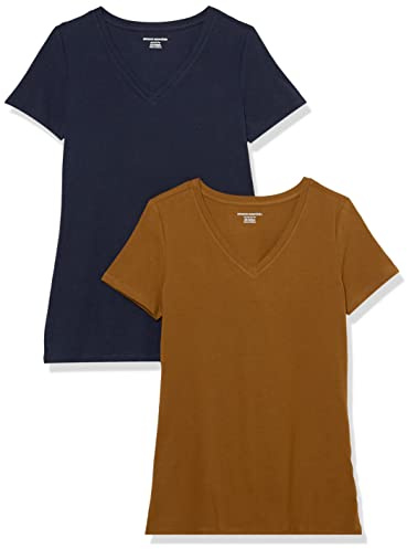 Amazon Essentials Women's Regular-Fit Short-Sleeve V-Neck T-Shirt, Pack of 2, Dark Chestnut Brown/Navy, M