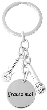 Porte-clés Guitare Et Micro Argenté Gravure Personnalisée Sur Médaille