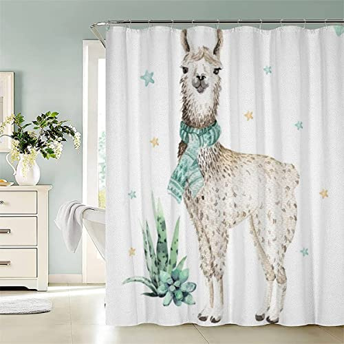 AASIRA Duschvorhang 180x200 Antischimmel Lama Motiv Wasserdicht Textil Duschvorhänge Süße Tiere Waschbar Polyester Badevorhang für Badewanne Badezimmer mit 12 Duschvorhangringen