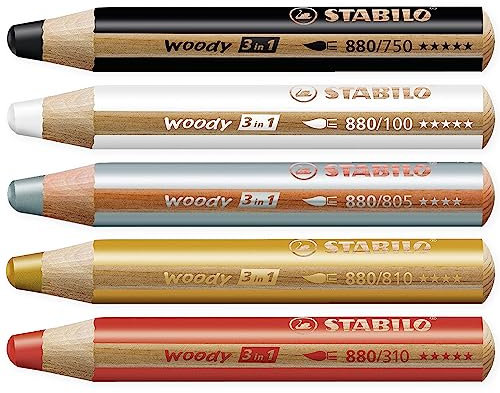 STABILO Multitalent Bleistift woody 3in1 - Basic Box mit 5 Stück - Silber, Gold, Weiß, Schwarz, Rot + Spitzer