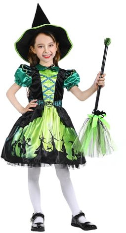 Rabtero Costume de sorcière d'Halloween pour enfants, robe de sorcière verte de luxe avec chapeau, robe de sorcière d'Halloween pour les filles de 5-6 ans