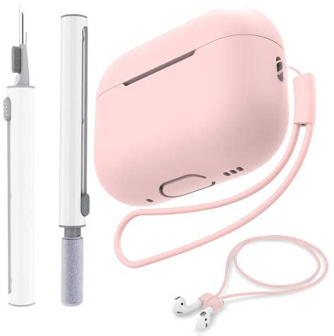 Fhtase Schutzhülle für AirPods Pro 2 2022 mit Reinigungsset, Stift und Anti-Verlust-Bändern für AirPods, weiches Silikon, mit Umhängeband, Rosa