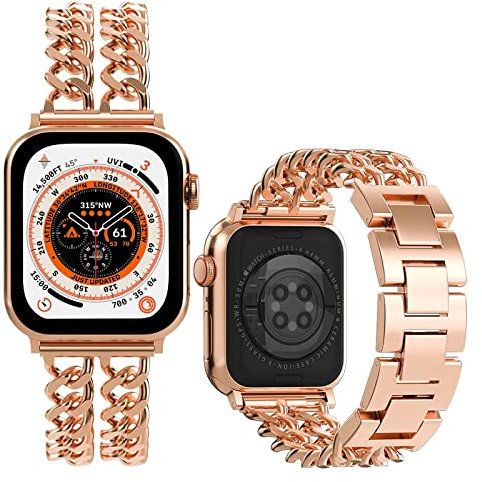 Miimall Bracelet en Métal Compatible avec Apple Watch Série 9/8/7/6/5/4/3/2/1/SE 2/SE 41mm 40mm 38mm Bracelet, Double Chain Bracelets Métal Femmes Hommes pour Apple Watch 38mm 40mm 41mm (Or Rose)