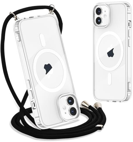 Yoedge Handykette für iPhone 12 Mini Hülle mit Band 5,4, Transparente Magnetisch Handyhülle [Kompatibel mit Magsafe], Schlank Dünn Silikon TPU Stoßfest Schutzhülle mit Kordel zum Umhängen, Schwarz