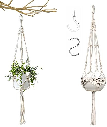IUDWCG - 1 Pcs Cesto sospeso cavo + 2 ganci S, 105 cm cesto sospeso vaso appeso corda di cotone pianta decorativa appendere indoor outdoor soffitto balcone parete decorazione