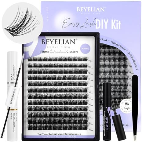 BEYELAN Kit de extensión de pestañas, kit de racimos de pestañas, rizo D de 10-16 mm, kit de extensión de pestañas con unión y sello, removedor y aplicador de pestañas para autoaplicación en casa, 144