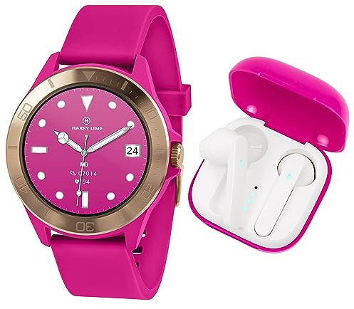 Harry Lime Series 7 Pink Silicone Strap Smart Watch With Pink True Wireless Earphones in Charging Case
