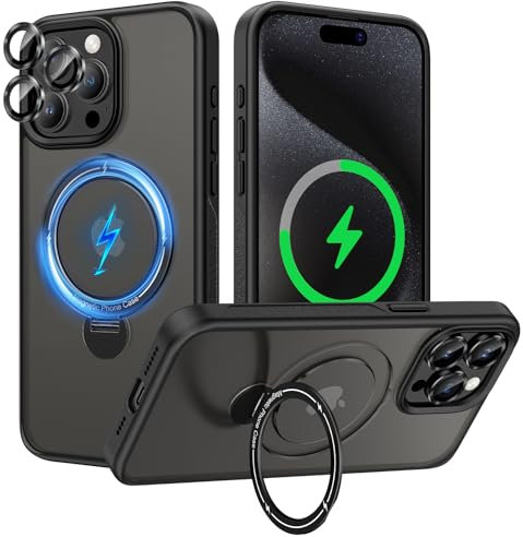 Doeshine für iPhone 15 Pro Max Hülle mit MagSafe & Magnetischer Ring Ständer [3 Stück Kameraschutz] [Nie Vergilbung], Militärschutz Dünne Stoßfeste Handyhülle für iPhone 15 Pro Max Case (Schwarz)