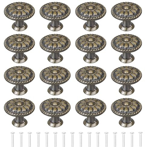 YEYIT 16Pcs Antique Bronze Door Knobs for Cupboards, Round Drawer Knobs, Single Hole Cupboard Handle, Mushroom Drawer Handle 30MM Aluminum Alloy Flower Pattern Handle Knobs for Drawers with Screws
