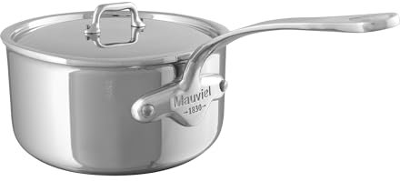 Mauviel M'Urban 4 Tri-Ply Polished Stainless Steel Sauce Pan With Lid and Cast Stainless Steel Handle, 2.6-Qt, Made In France